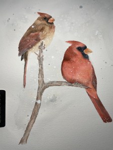 painting of a cardinal pair in the snow
