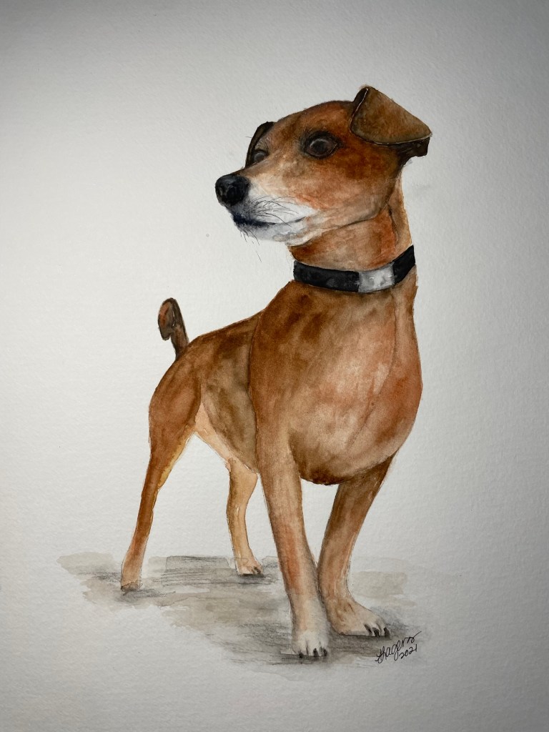 Watercolor painting of a dog standing