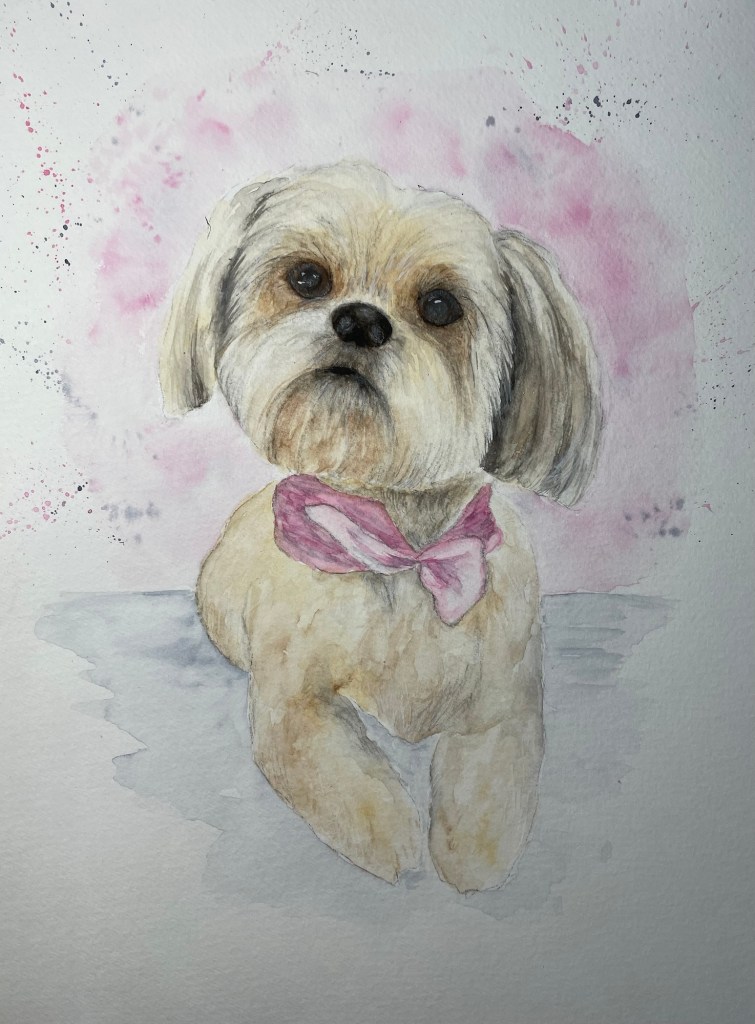 Watercolor painting of a long-haired dog