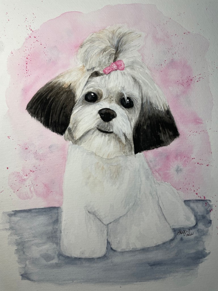 Watercolor painting of a white dog with black ears