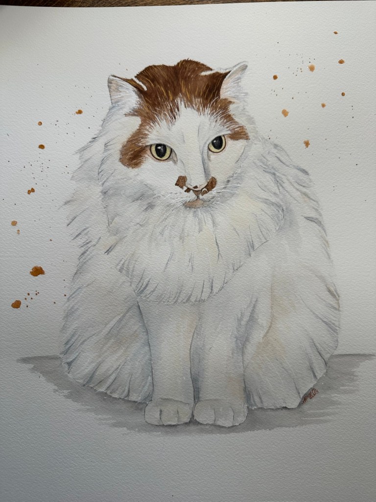 Watercolor painting of a fluffy cat