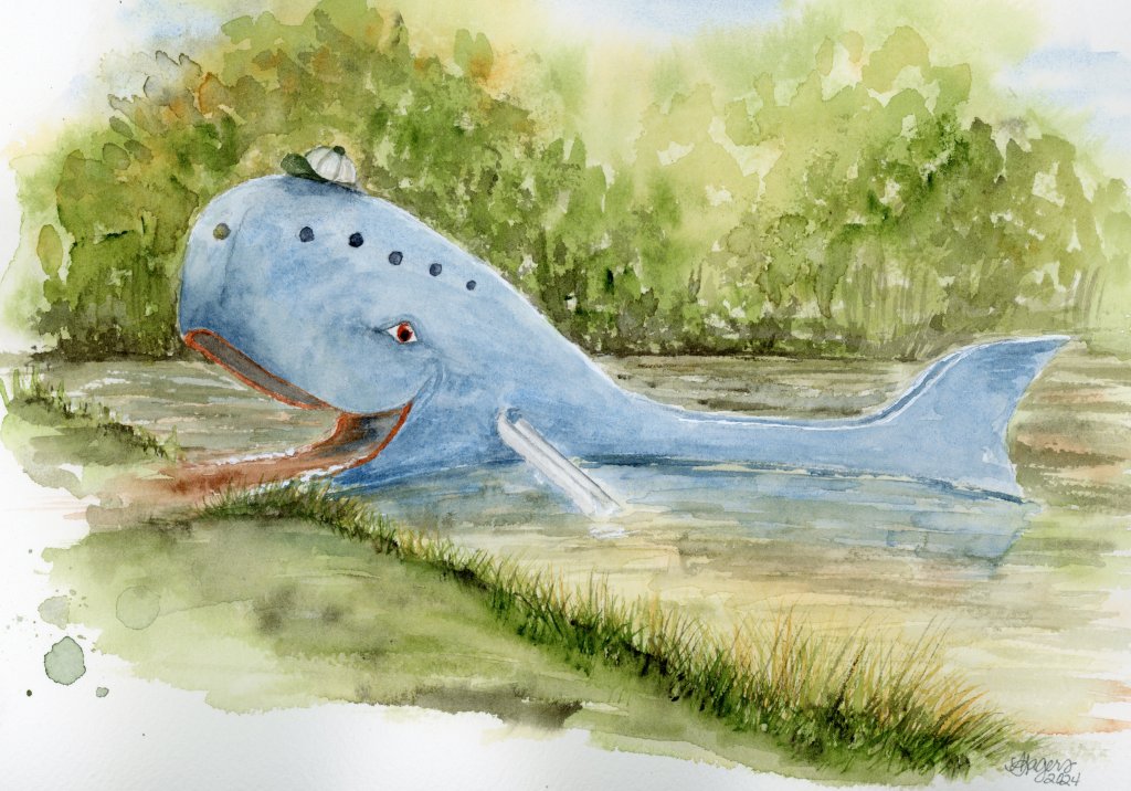 painting of a blue whale structure in a pond